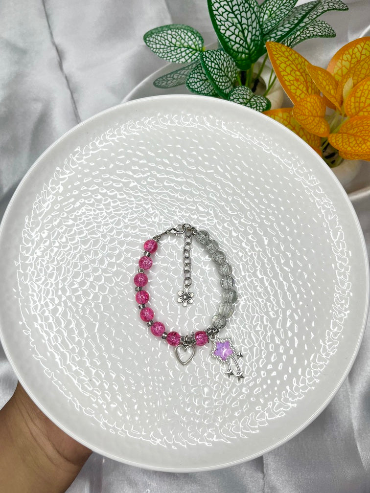 Pink & Clear Beaded Charm Bracelet