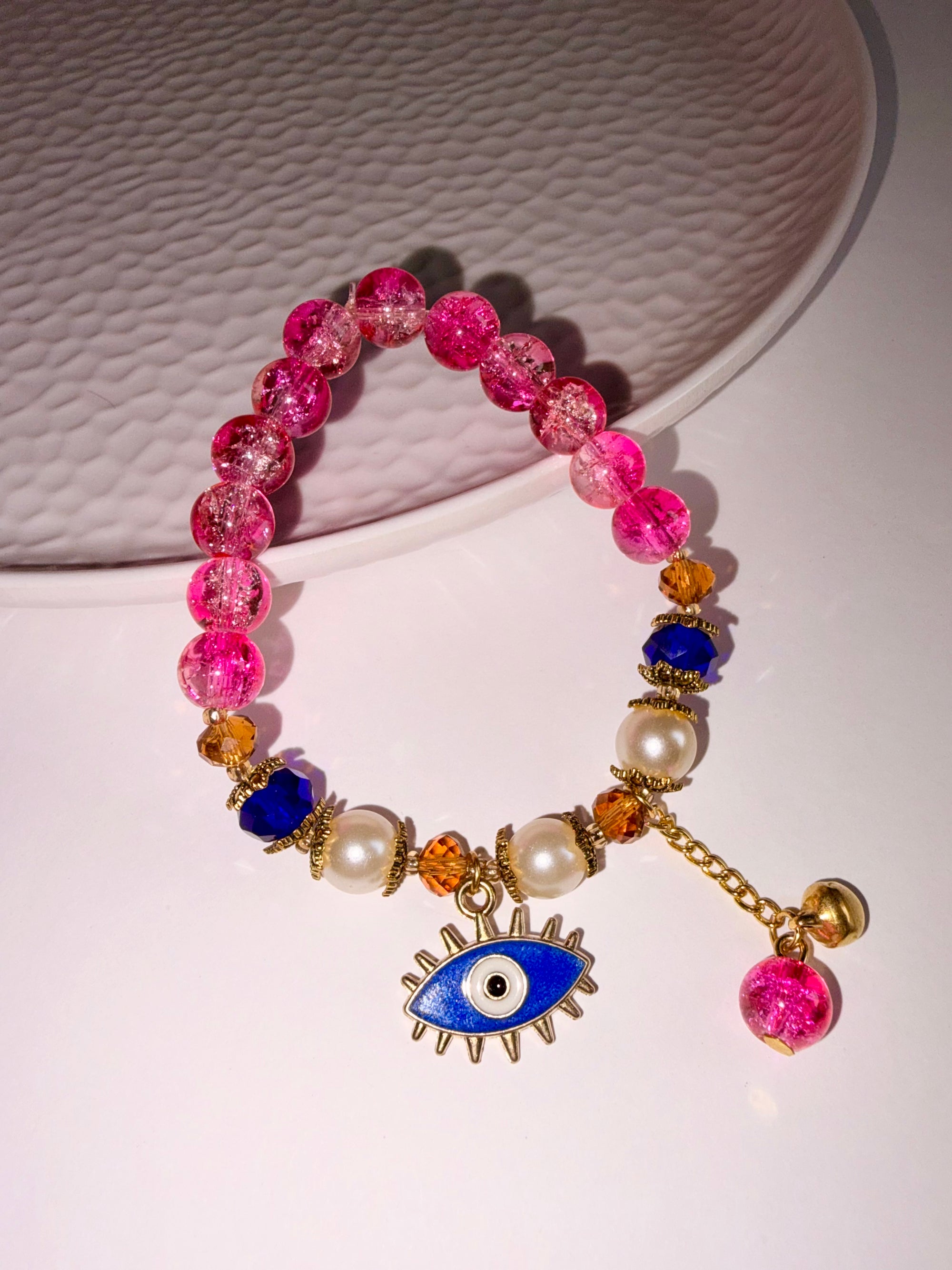 Evil Eye Charm Bracelet – Pink & Blue Beaded Edition
