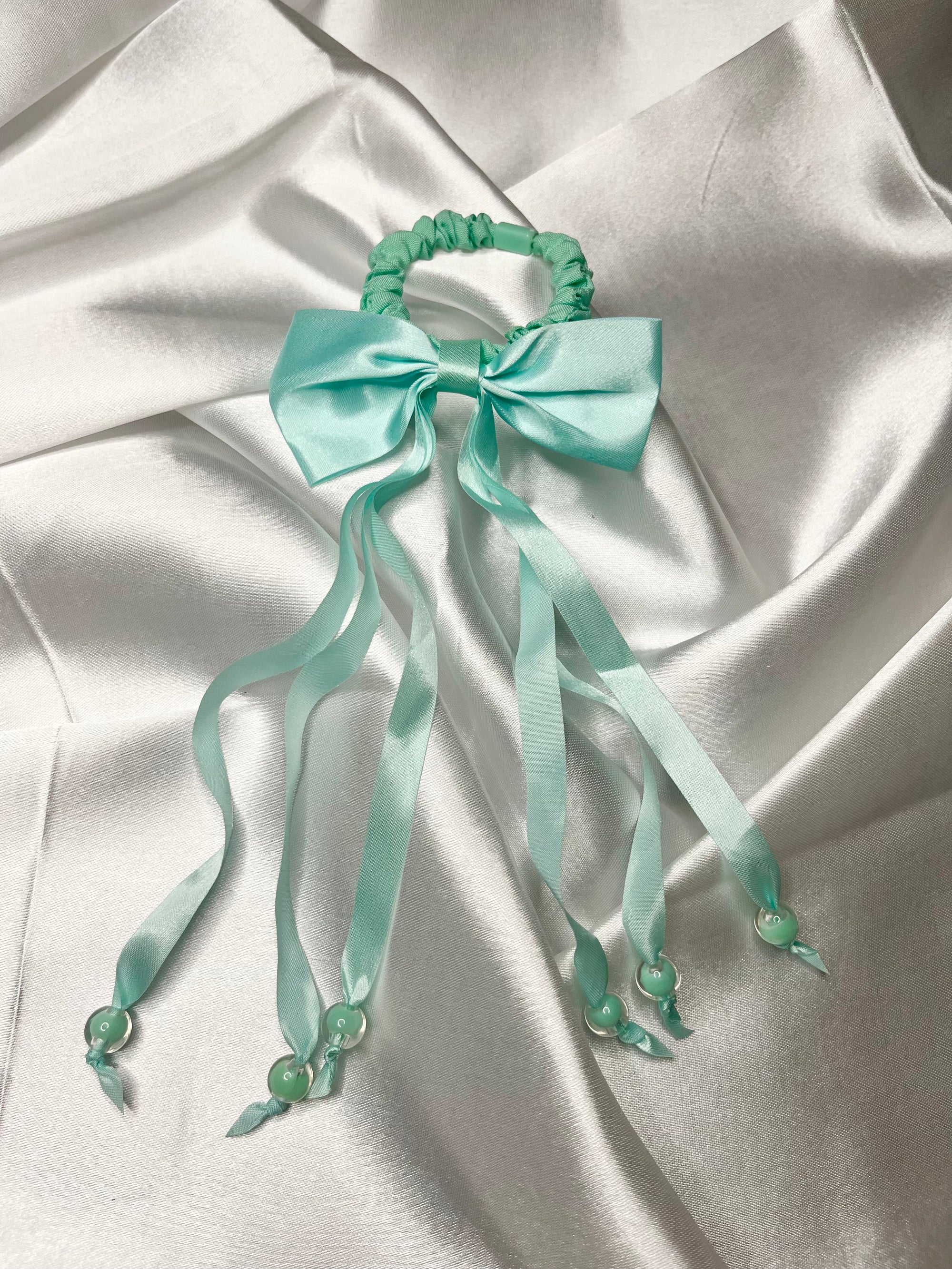 Satin Bow Scrunchie with Long Ribbon Tails & Beads