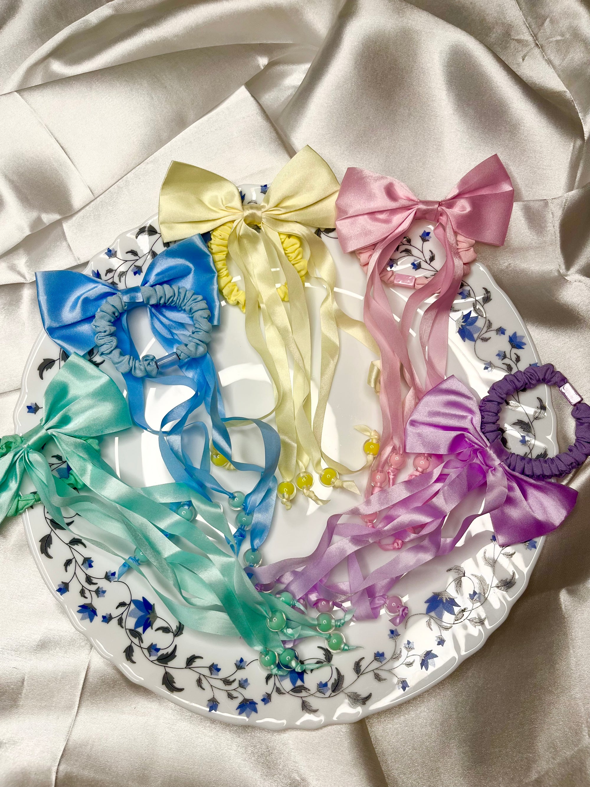 Satin Bow Scrunchie with Long Ribbon Tails & Beads