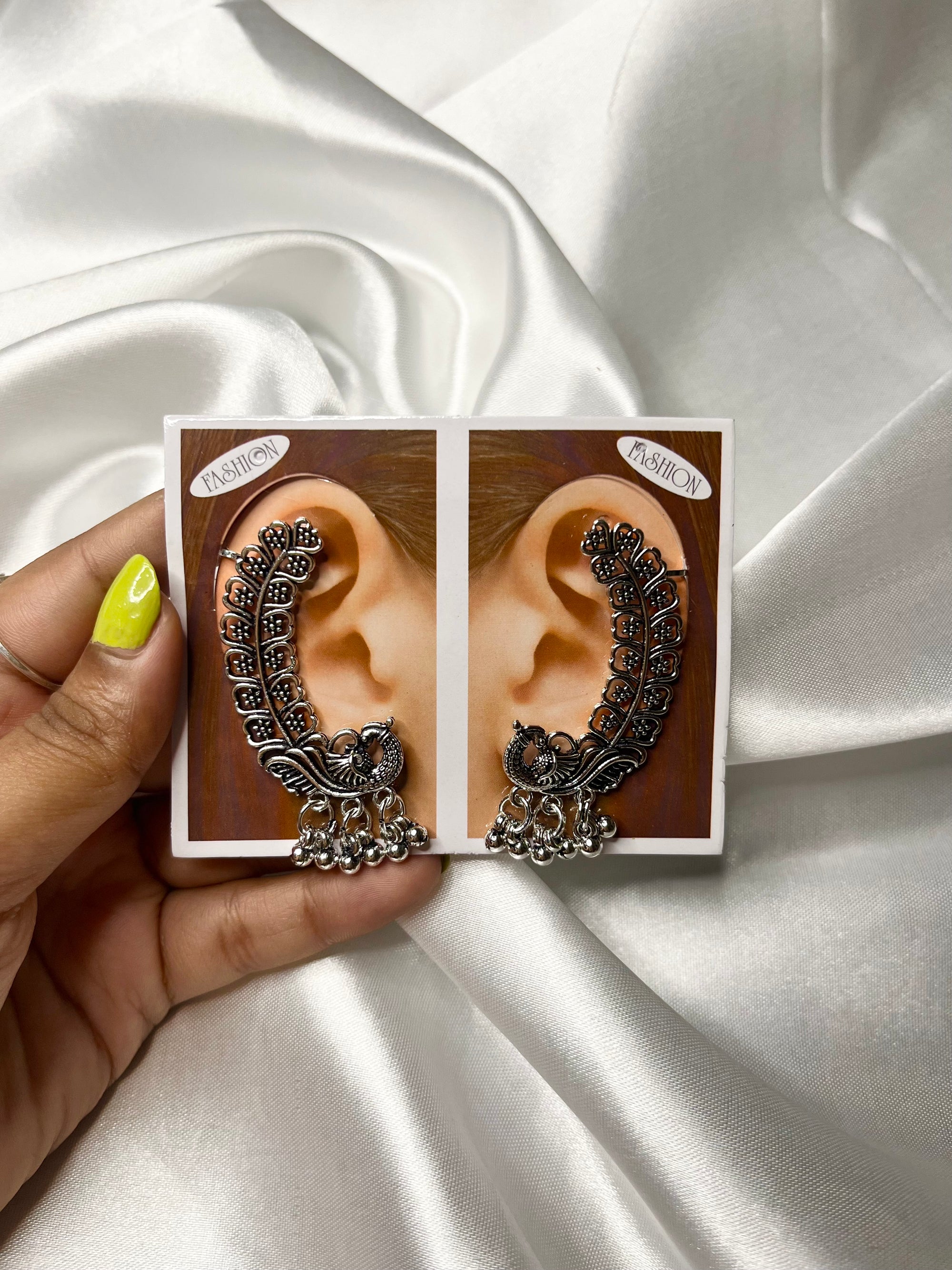 Silver Oxidised Peacock Ear Cuff Earrings