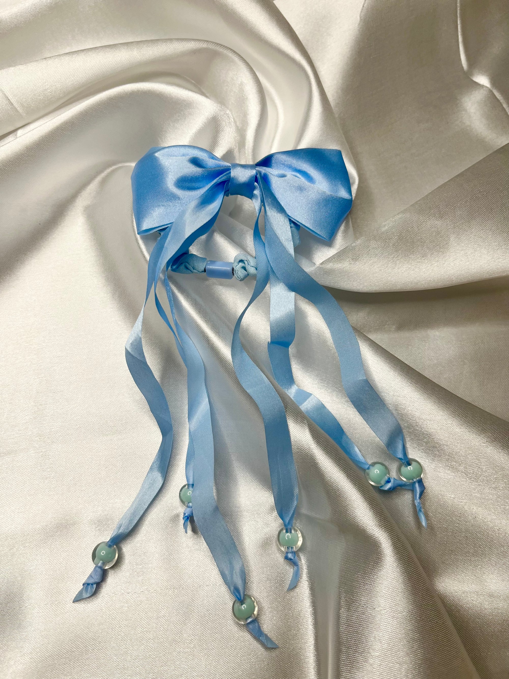 Satin Bow Scrunchie with Long Ribbon Tails & Beads