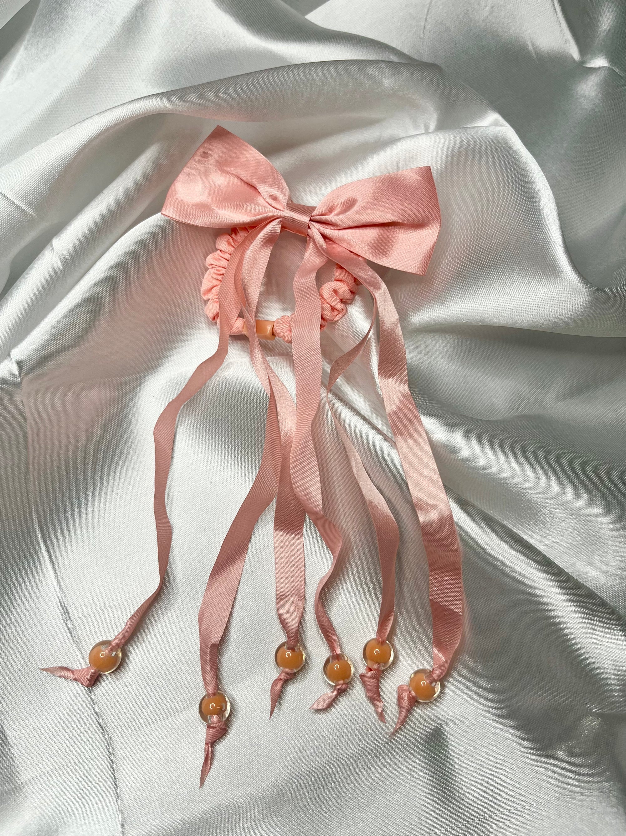 Satin Bow Scrunchie with Long Ribbon Tails & Beads