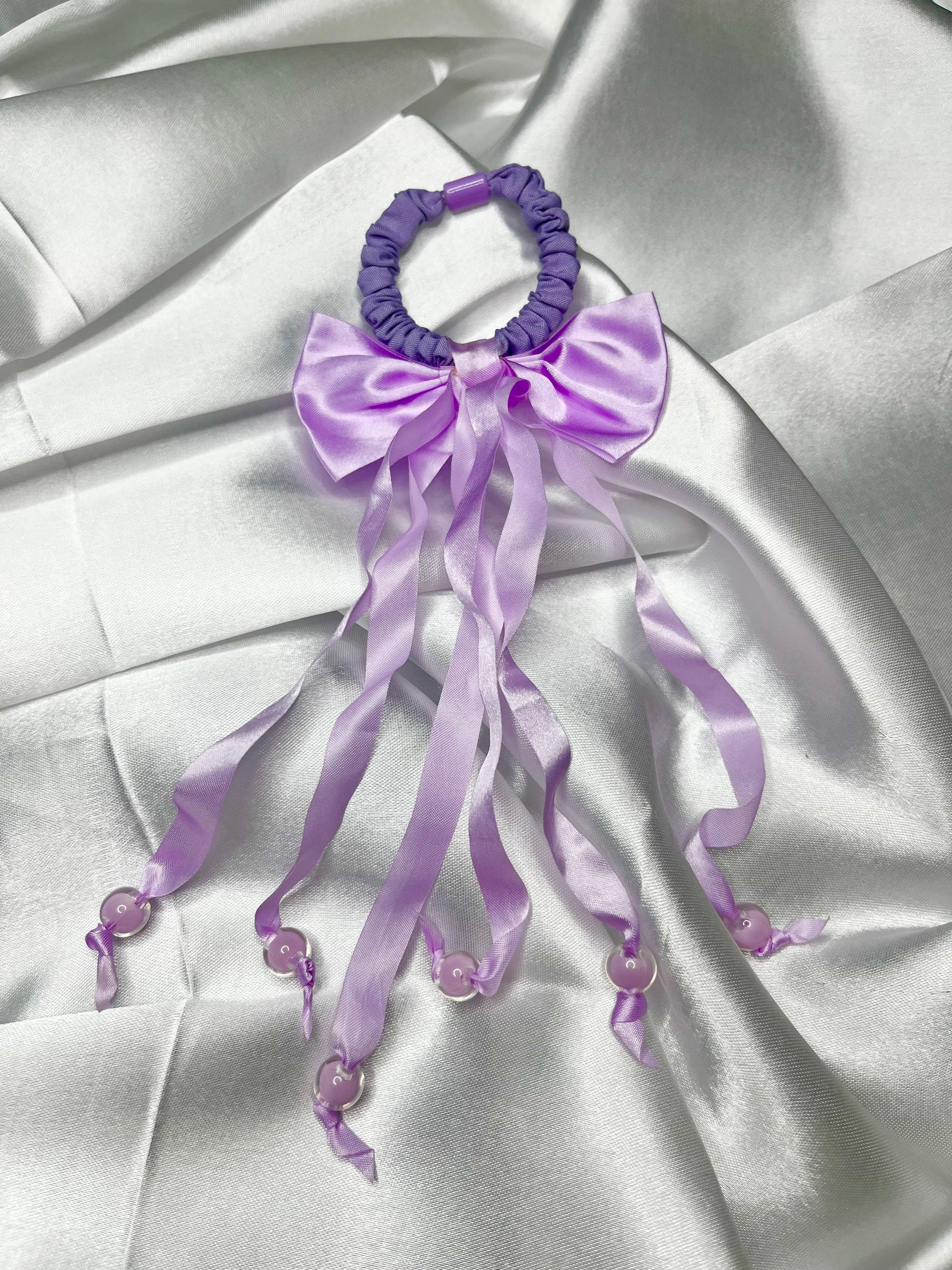 Satin Bow Scrunchie with Long Ribbon Tails & Beads