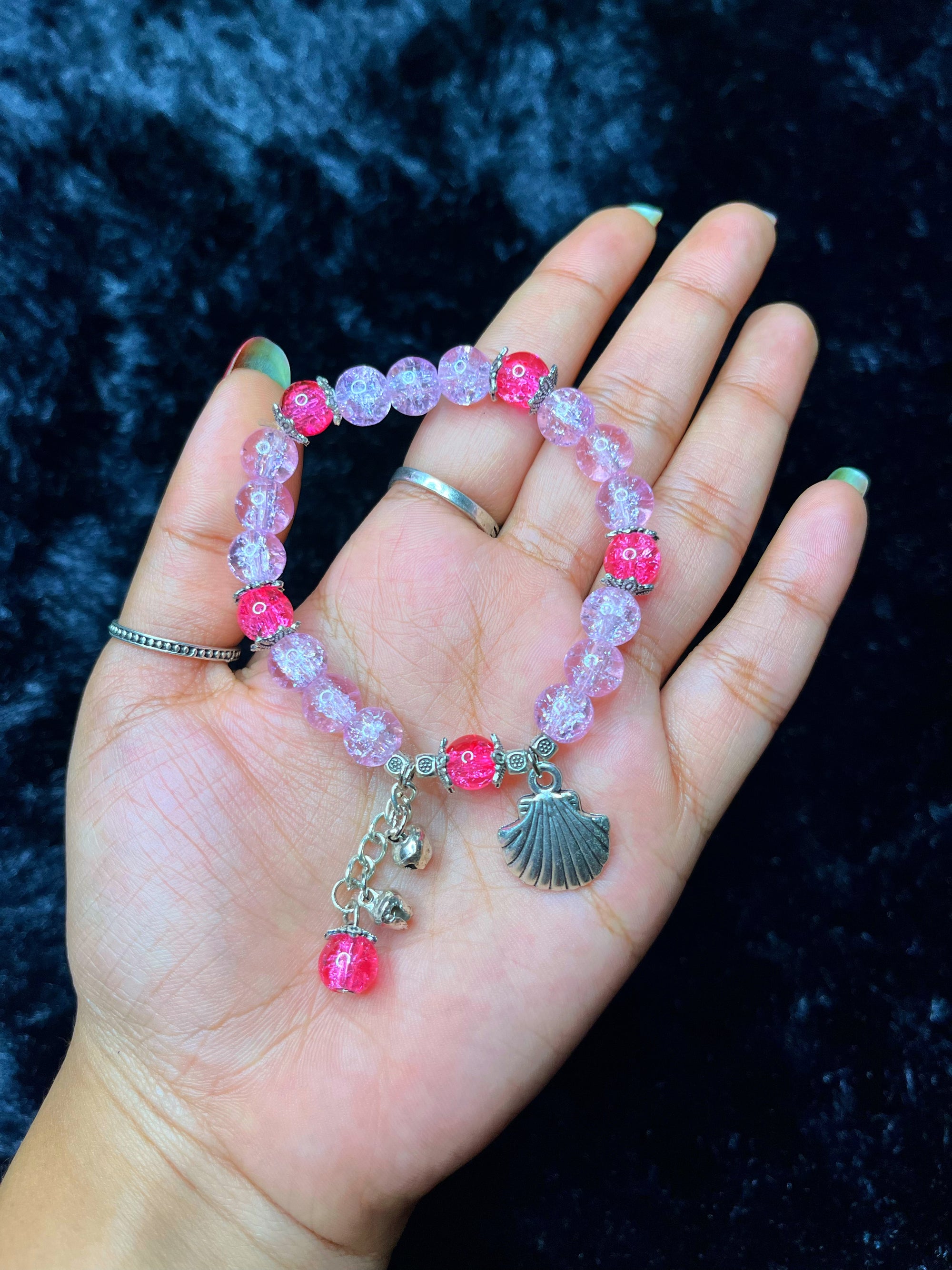 Pink Crackle Beaded Seashell Charm Bracelet