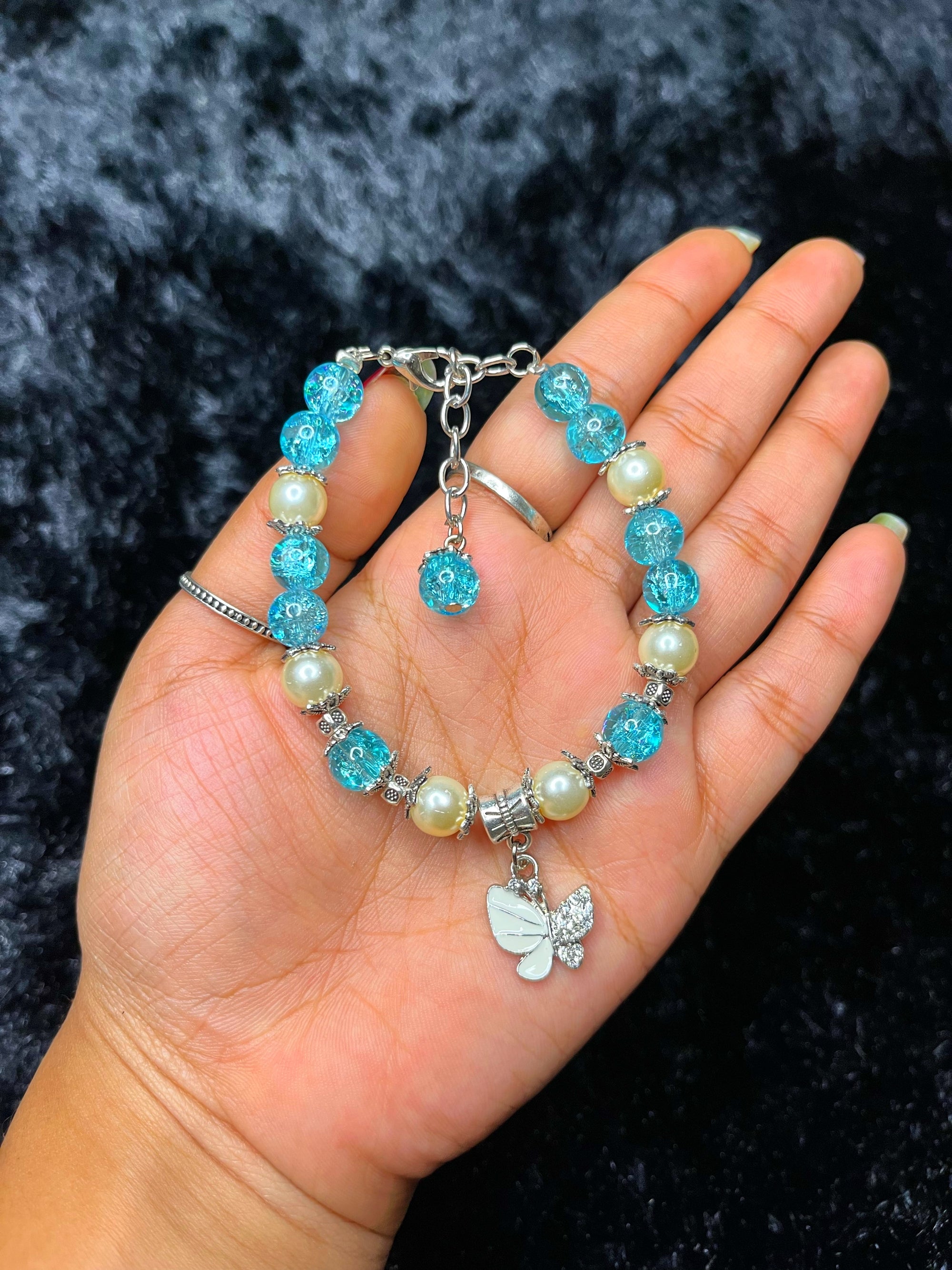 Aqua Blue Crackle Beaded Butterfly Charm Bracelet