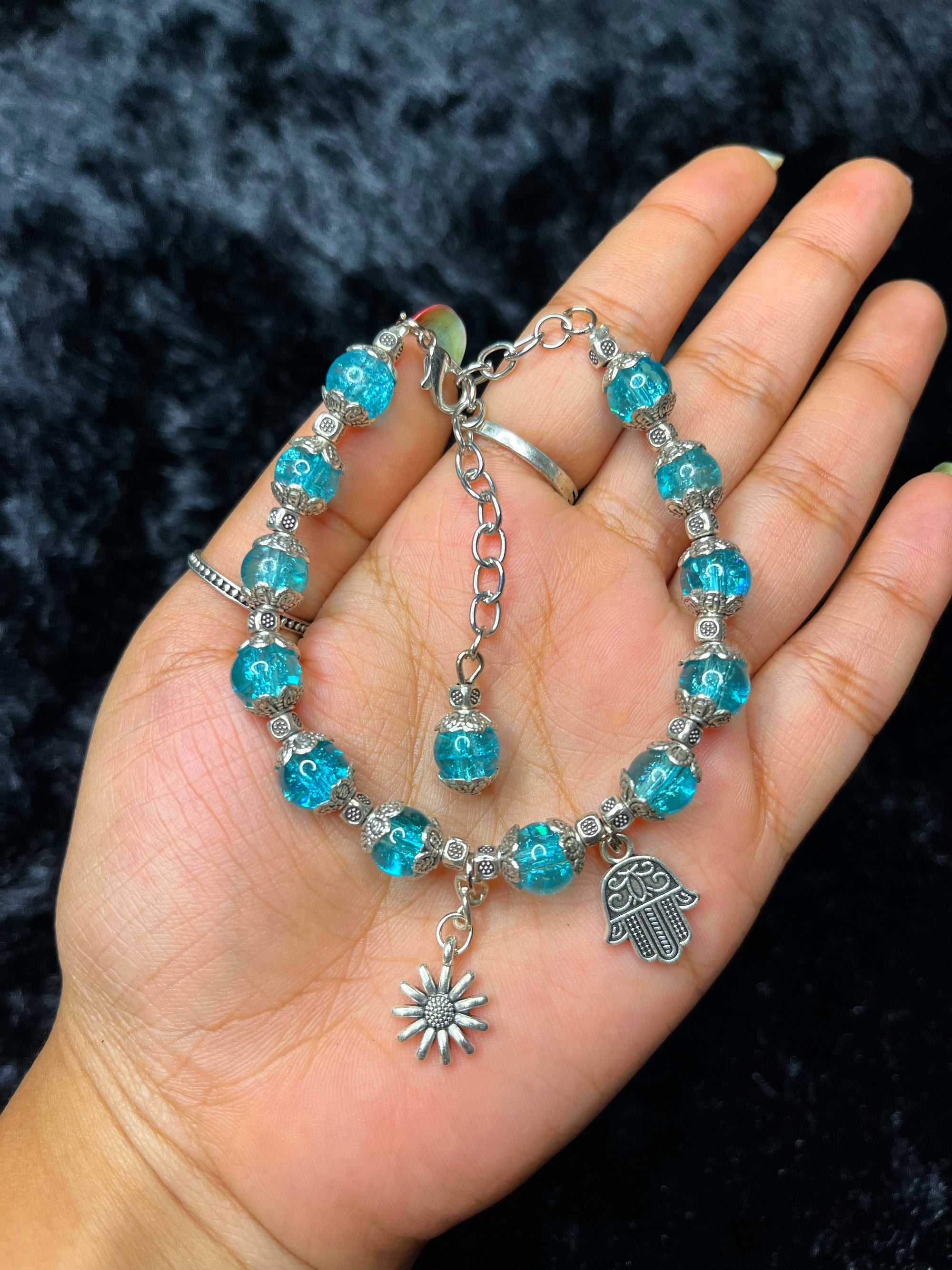 Turquoise Blue Crackle Beaded Hamsa & Sun Charm Bracelet