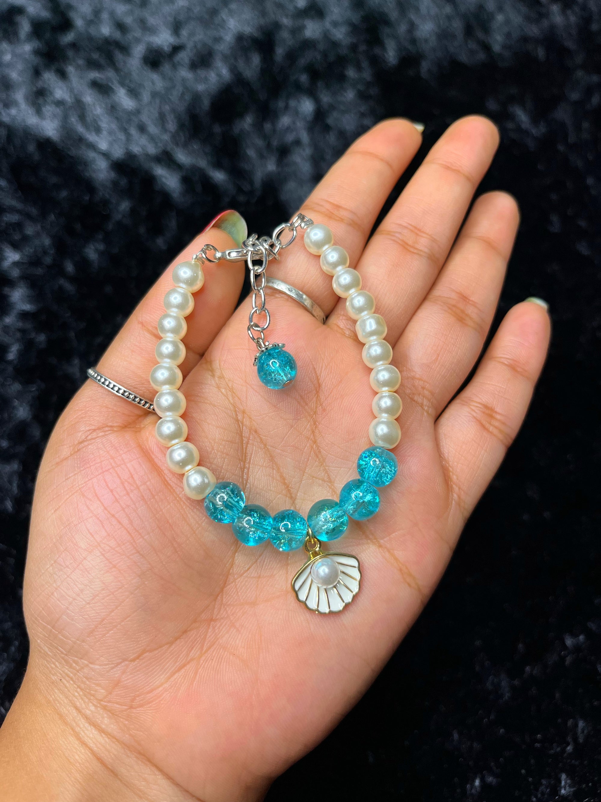 Pearl & Aqua Crackle Beaded Seashell Charm Bracelet