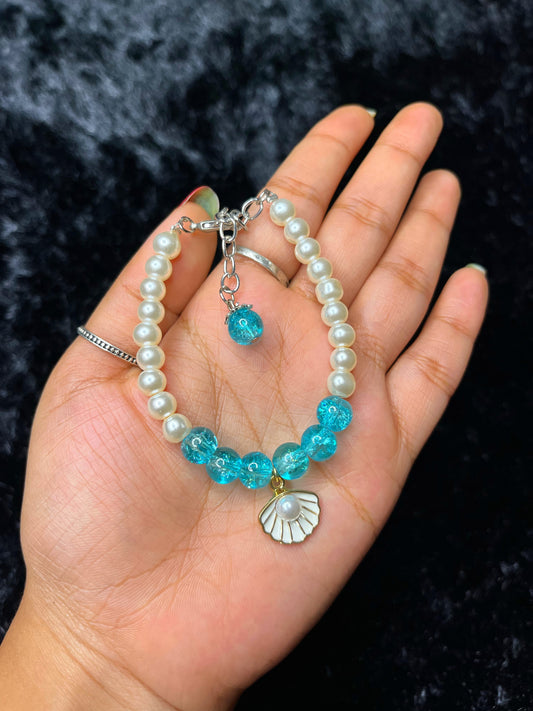 Pearl & Aqua Crackle Beaded Seashell Charm Bracelet