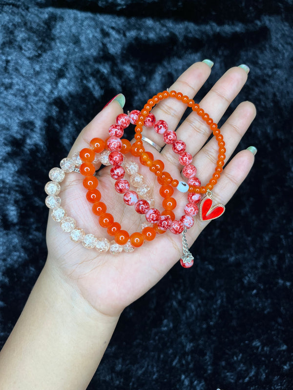 Orange & Red Heart Beaded Bracelet Stack