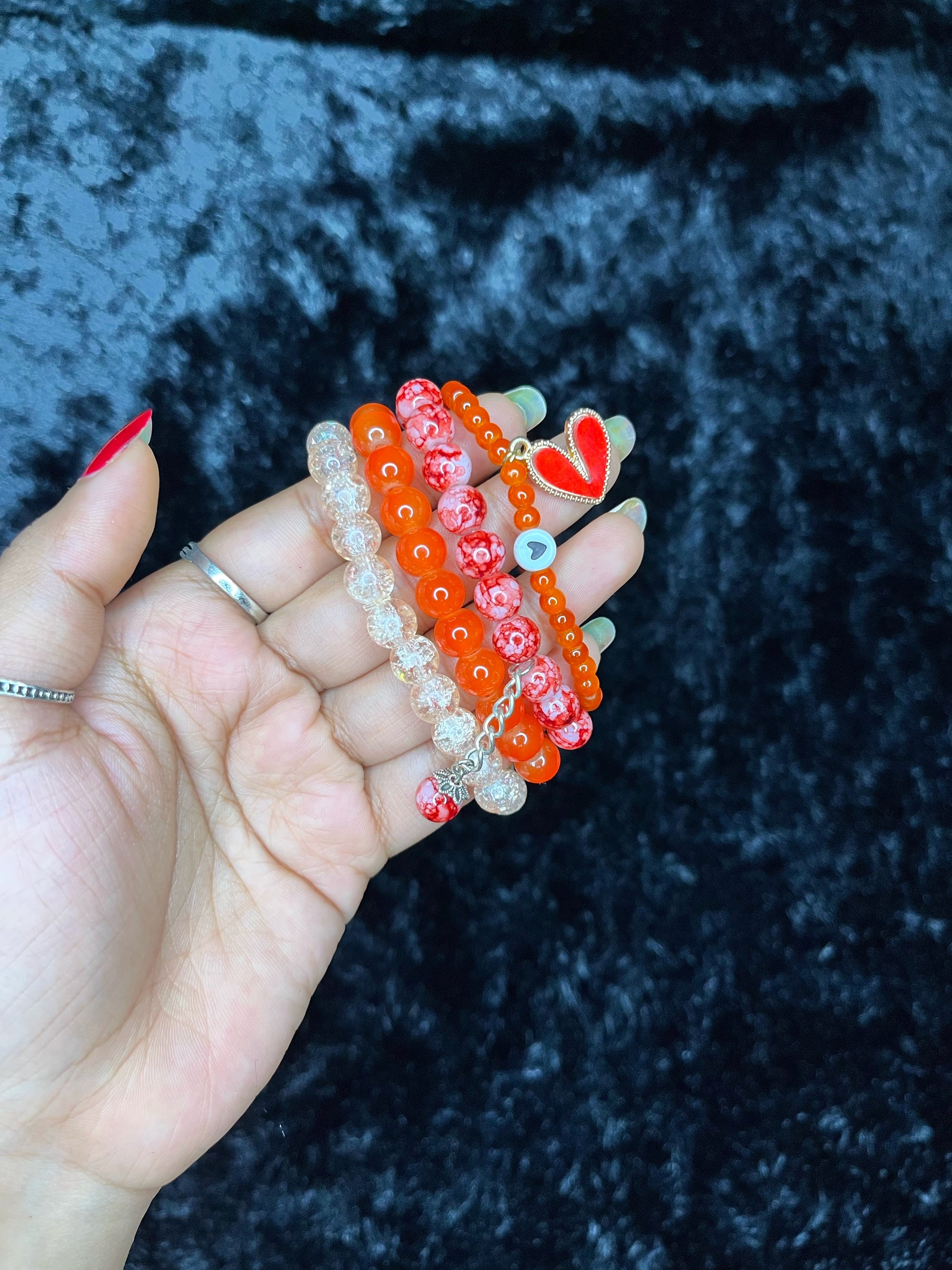 Orange & Red Heart Beaded Bracelet Stack