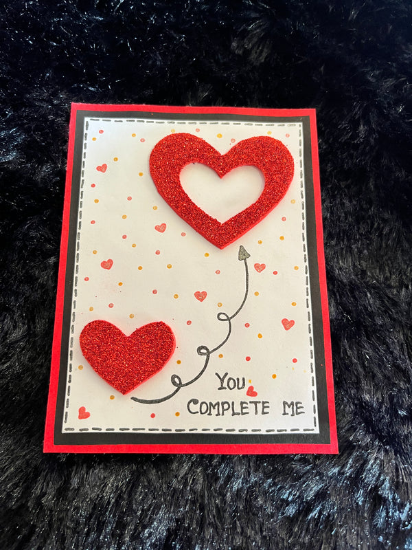 Handmade Glitter Heart Love Card – “You Complete Me”