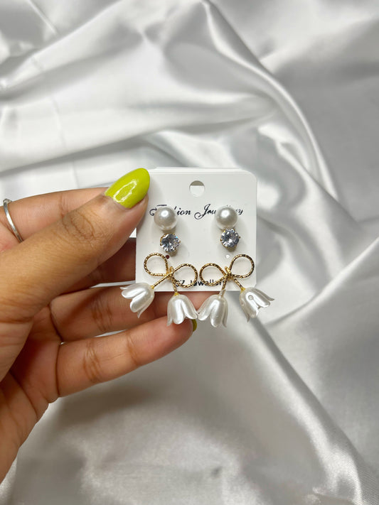 Elegant Pearl & Crystal Stud Earrings with Floral Bow Drop Design