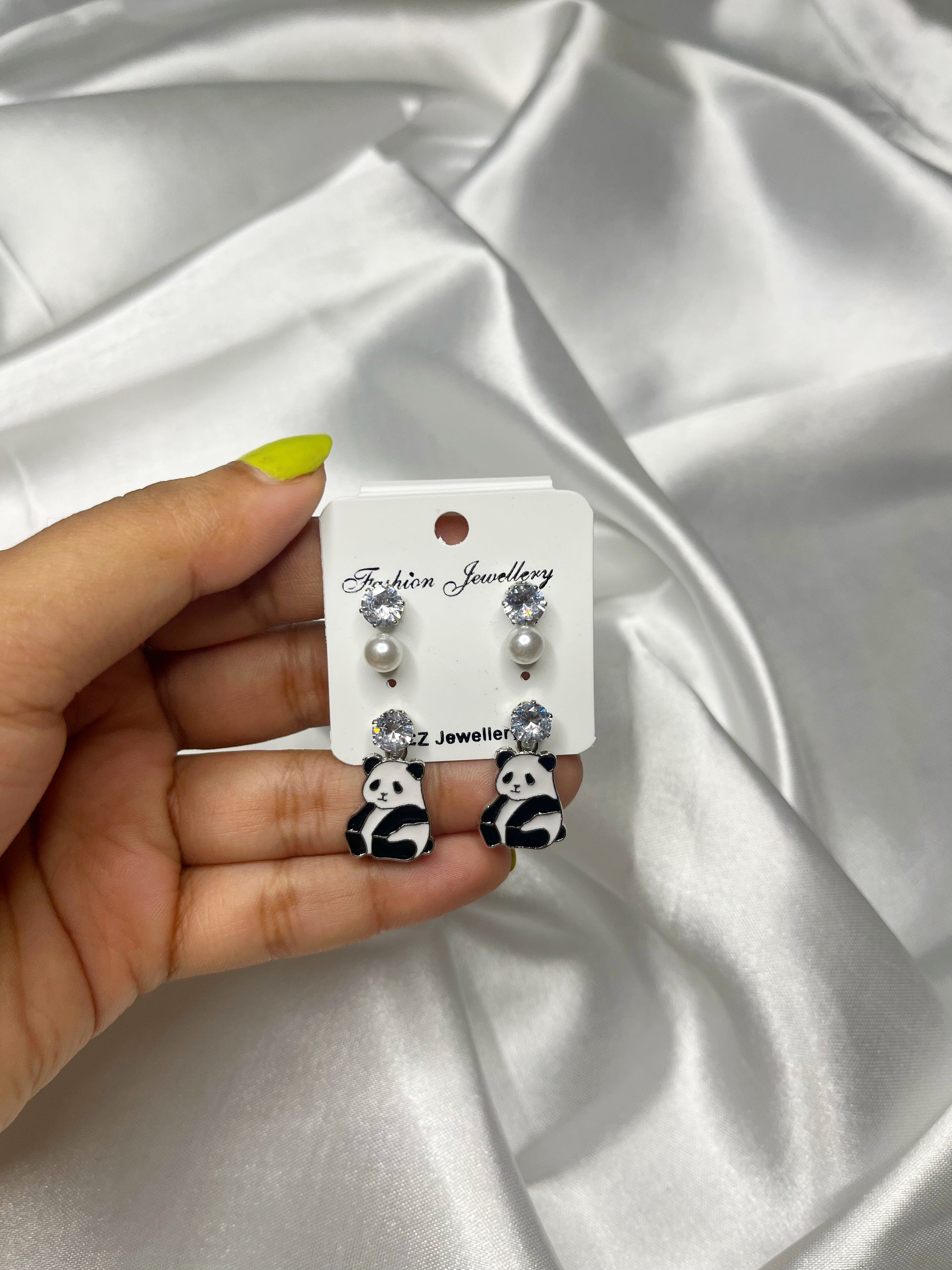 Cute Panda Drop Earrings Set with Pearl & Crystal Studs