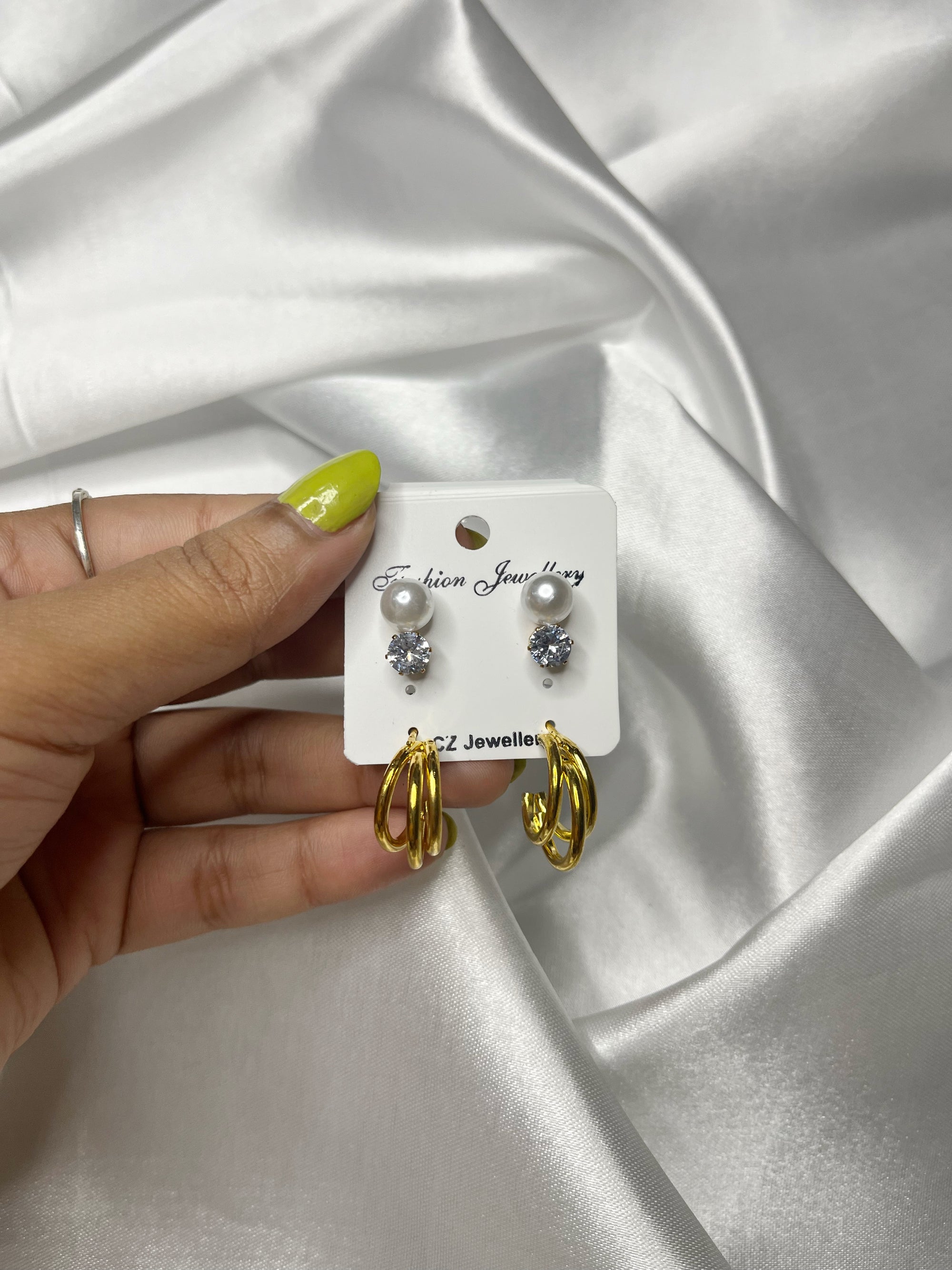 3 Pair Gold Hoop & Pearl Crystal Stud Earrings Set