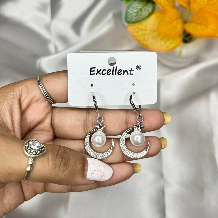 Celestial Moon and Pearl Dangle Hoop Earrings - Liwitan