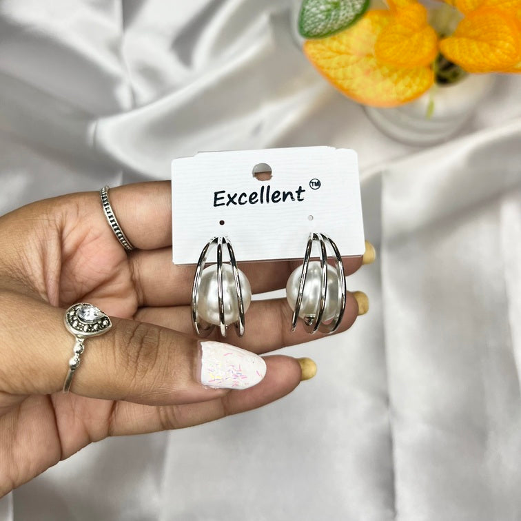 Silver Toned Modern Caged Pearl Hoop Earrings - Liwitan