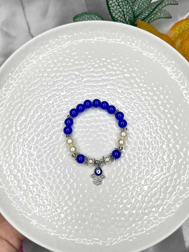 Royal Blue & Pearl Hamsa Evil Eye Bracelet - Liwitan