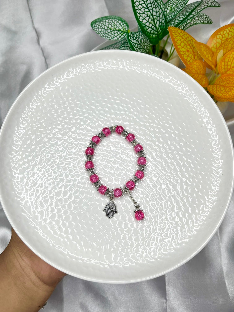 Fuchsia Beaded Hamsa Charm Elastic Bracelet - Liwitan